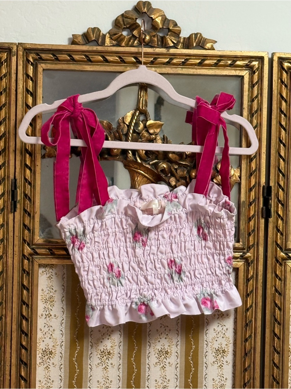 LoveShackFancy Corbin Crop Top Berry Moment XS 0 2 Pink Bow Floral Velvet Straps
